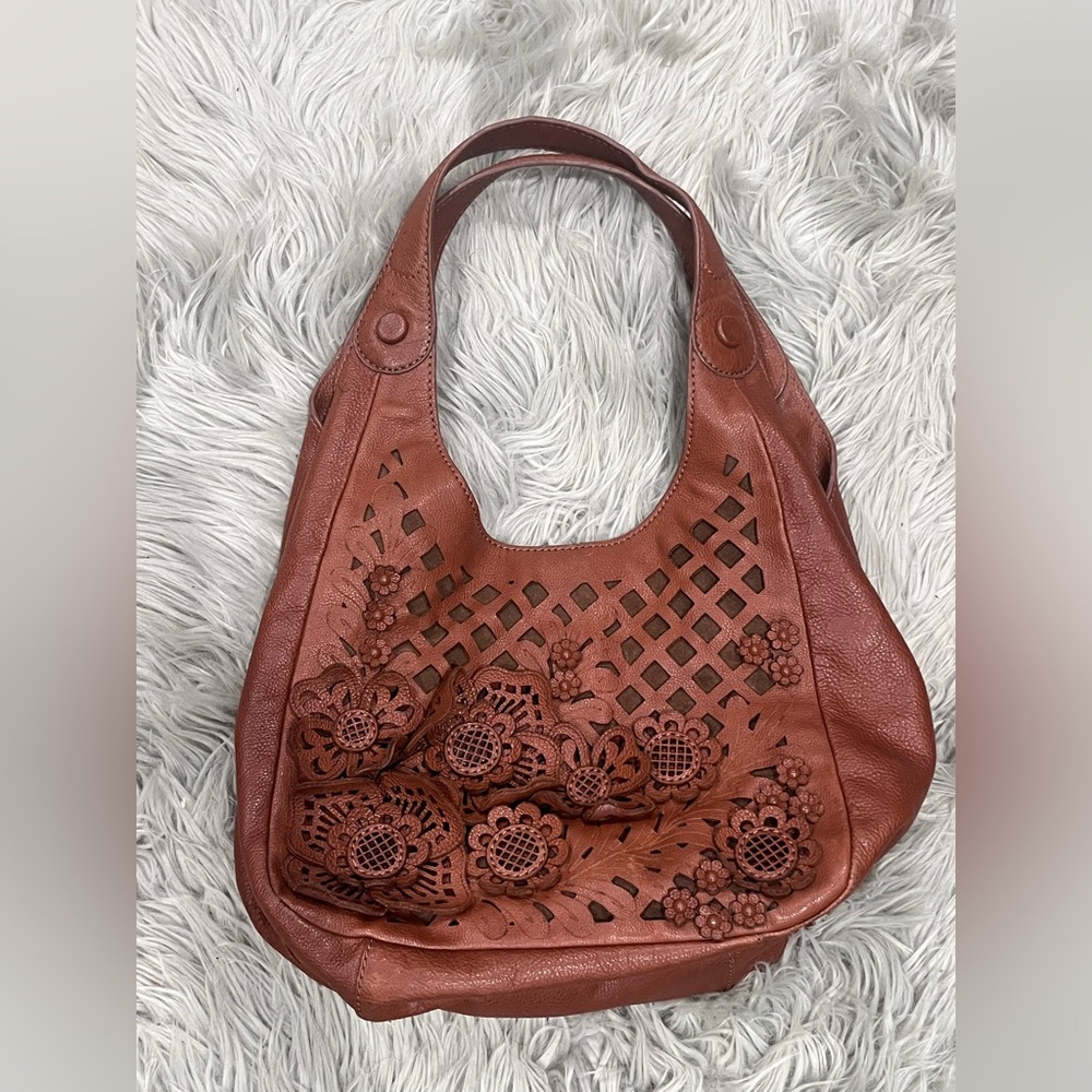 Brighton by Lockheart handcrafted 3D floral brown leather bag, rare.